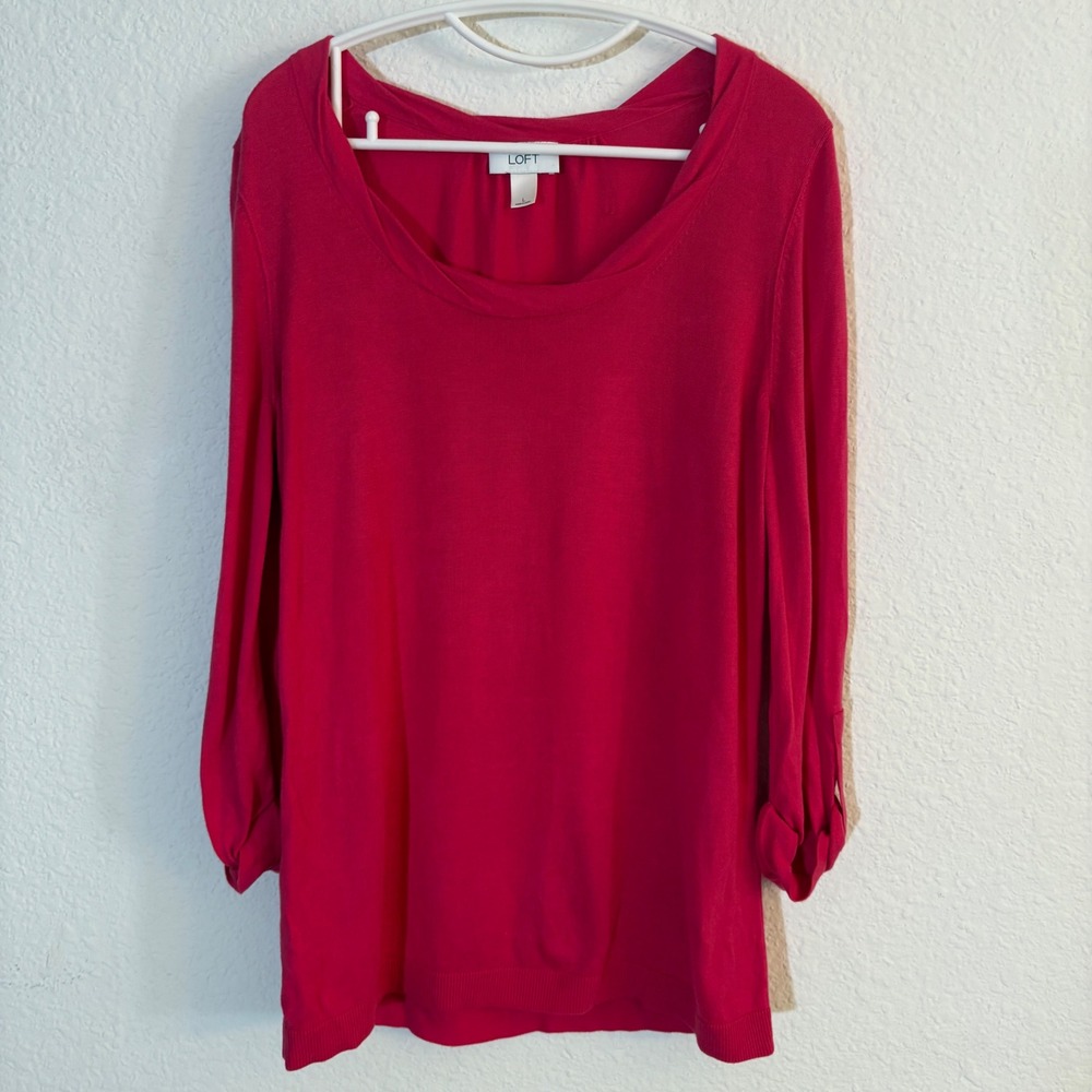 LOFT Pima Cotton Sweater Womens Large Pink Scoop Neck 3/4 Sleeve